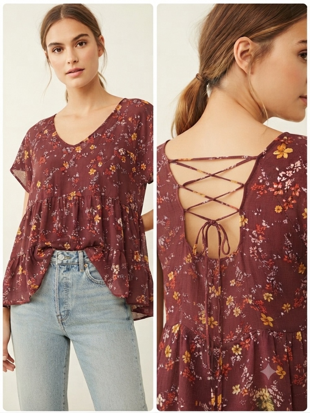 Xhilaration Burgundy Floral Lace-Up Back Peplum Top babydoll XL